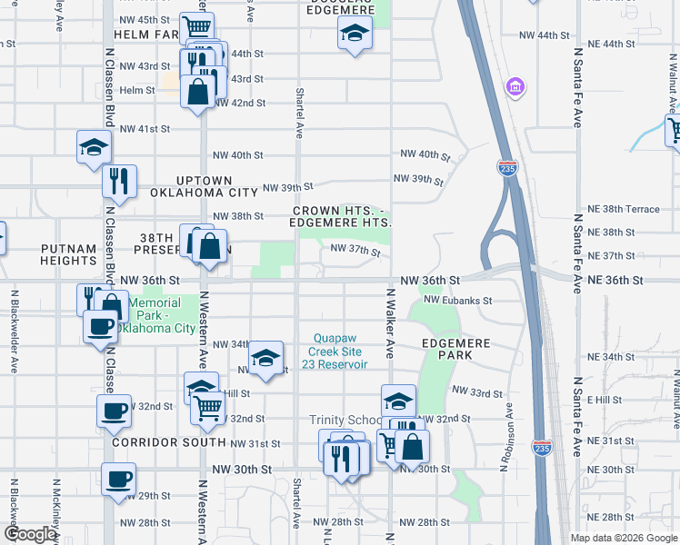 map of restaurants, bars, coffee shops, grocery stores, and more near 612 North Lee Avenue in Oklahoma City