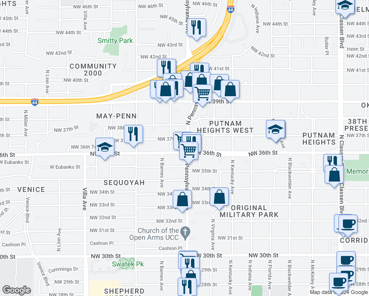 map of restaurants, bars, coffee shops, grocery stores, and more near in Oklahoma City
