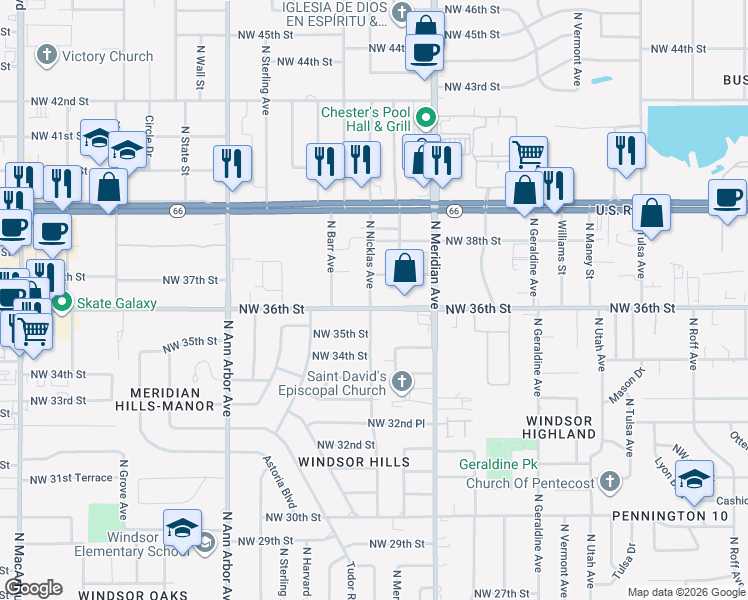 map of restaurants, bars, coffee shops, grocery stores, and more near 4557 Northwest 36th Street in Oklahoma City