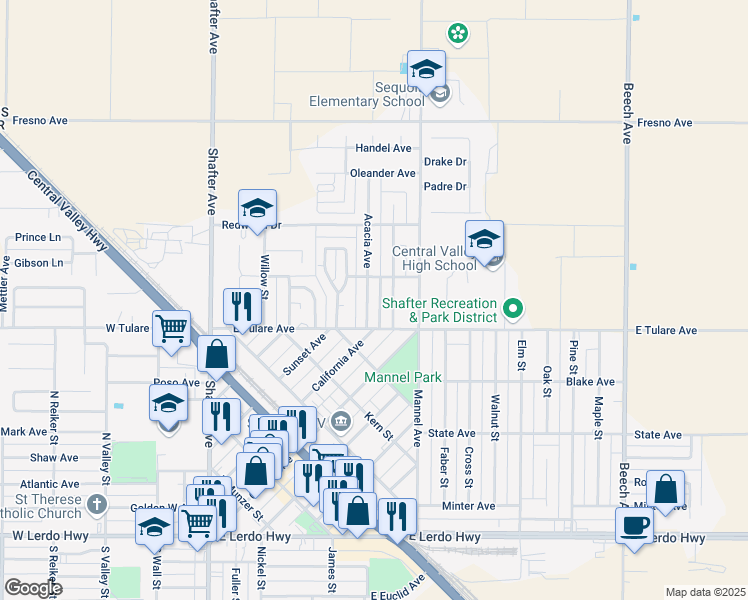 map of restaurants, bars, coffee shops, grocery stores, and more near 550 Acacia Avenue in Shafter