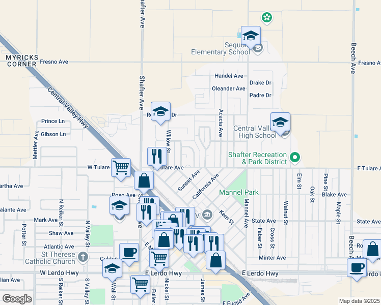 map of restaurants, bars, coffee shops, grocery stores, and more near 561 Harris Drive in Shafter