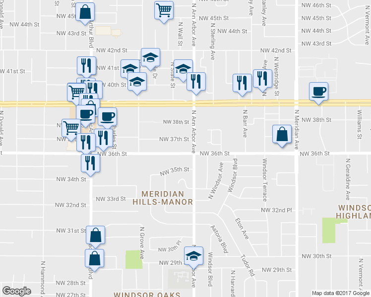 map of restaurants, bars, coffee shops, grocery stores, and more near 5503 Northwest 36th Street in Warr Acres