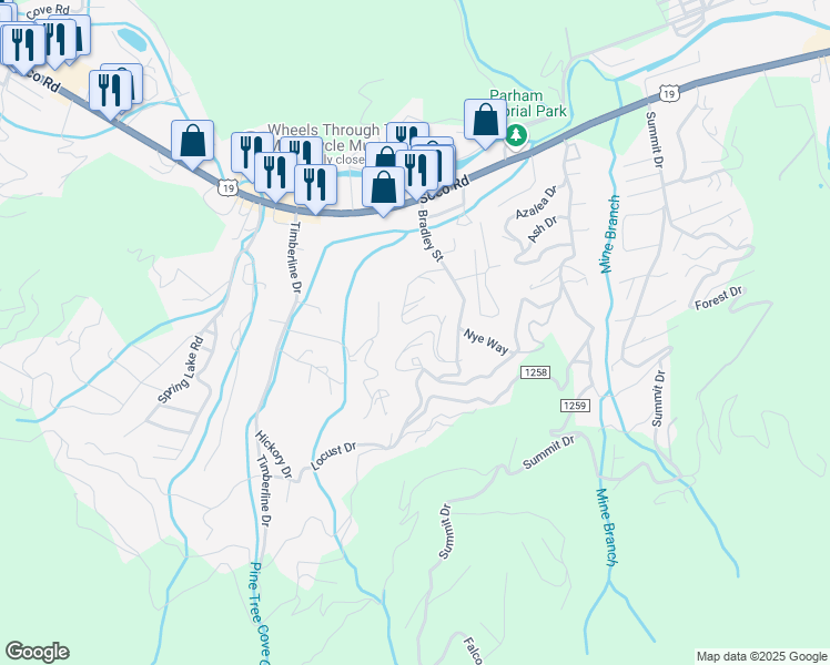 map of restaurants, bars, coffee shops, grocery stores, and more near 202 Highlands Loop in Maggie Valley