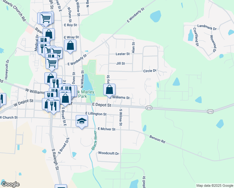 map of restaurants, bars, coffee shops, grocery stores, and more near 413 East Williams Street in Angier