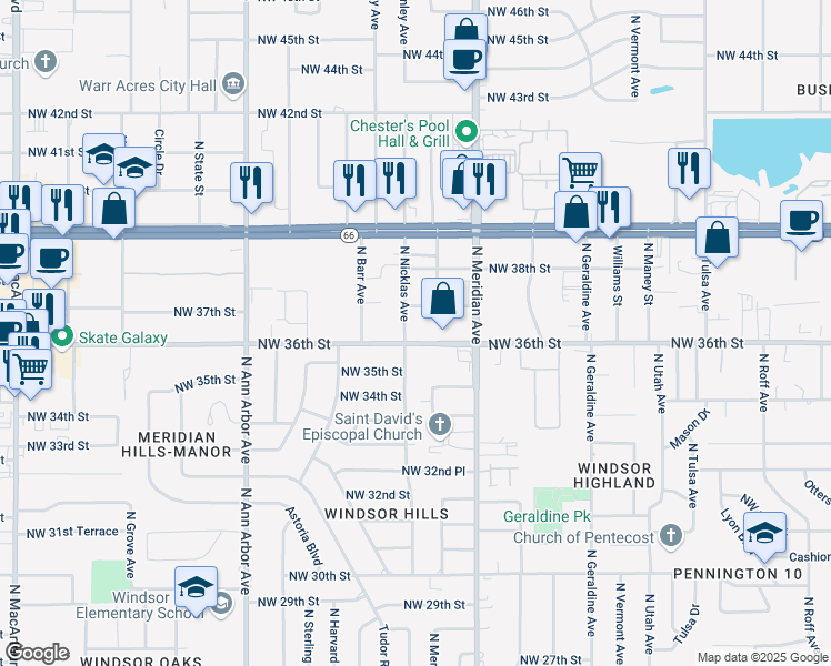 map of restaurants, bars, coffee shops, grocery stores, and more near 4557 Northwest 36th Street in Oklahoma City
