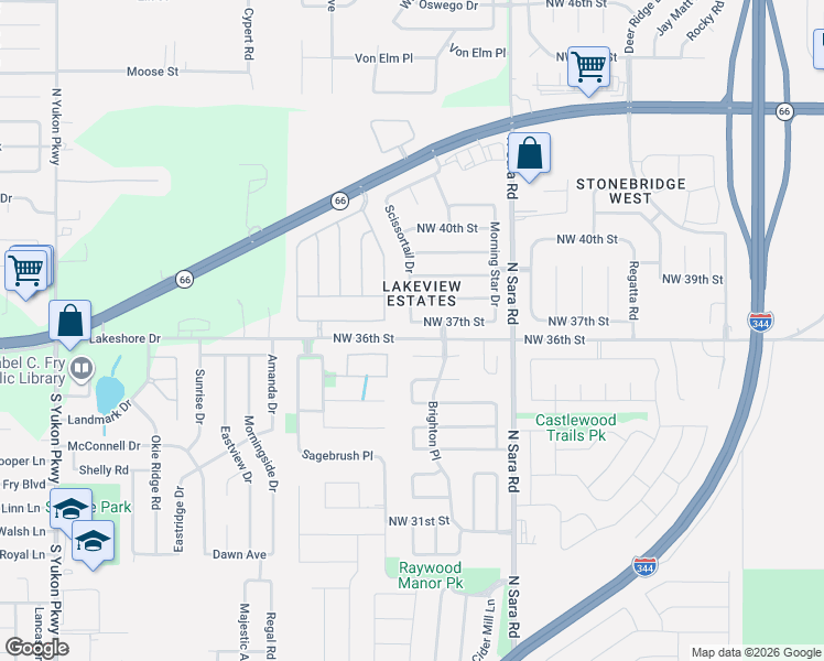 map of restaurants, bars, coffee shops, grocery stores, and more near 10800 Northwest 37th Street in Yukon