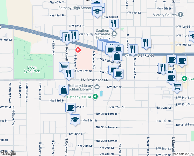 map of restaurants, bars, coffee shops, grocery stores, and more near 6731 Northwest 36th Street in Bethany