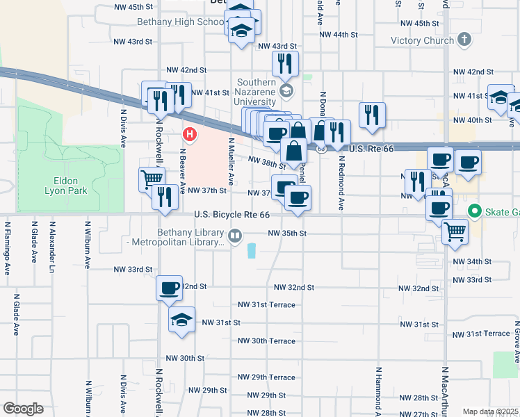 map of restaurants, bars, coffee shops, grocery stores, and more near 6717 Northwest 36th Street in Bethany
