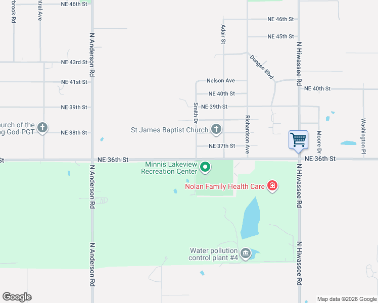map of restaurants, bars, coffee shops, grocery stores, and more near 12433 Northeast 36th Street in Spencer