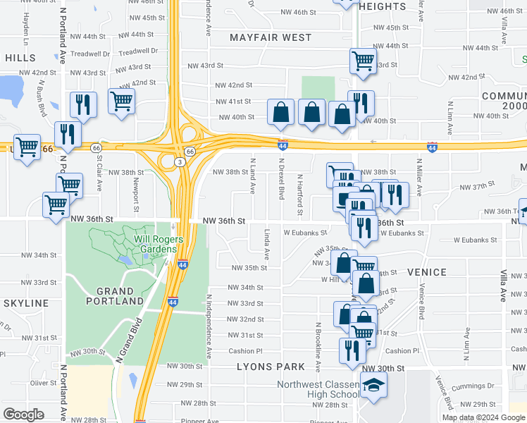 map of restaurants, bars, coffee shops, grocery stores, and more near 3709 Linda Avenue in Oklahoma City