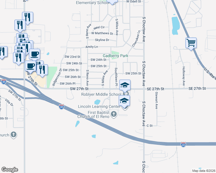 map of restaurants, bars, coffee shops, grocery stores, and more near 2616 Southlawn Drive in El Reno