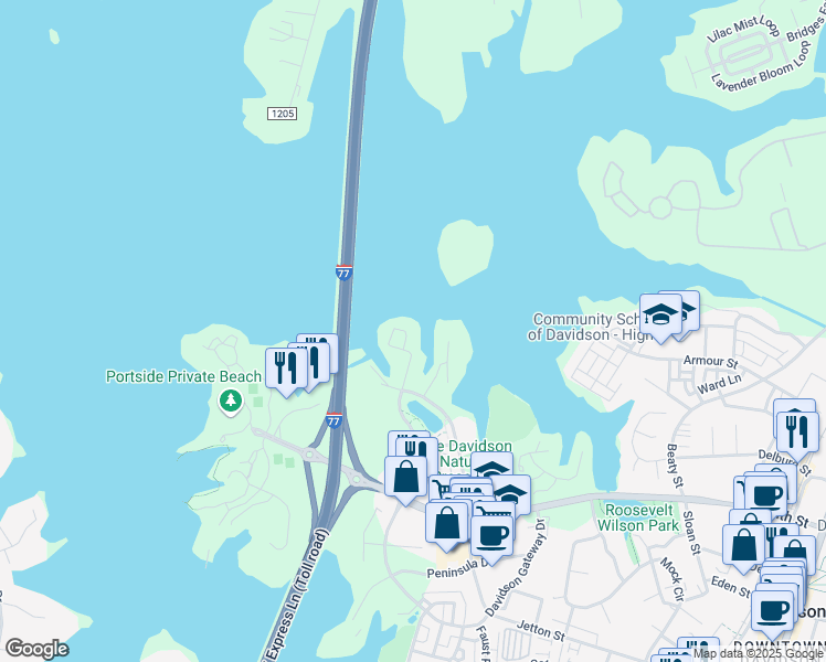 map of restaurants, bars, coffee shops, grocery stores, and more near 917 Northeast Drive in Davidson