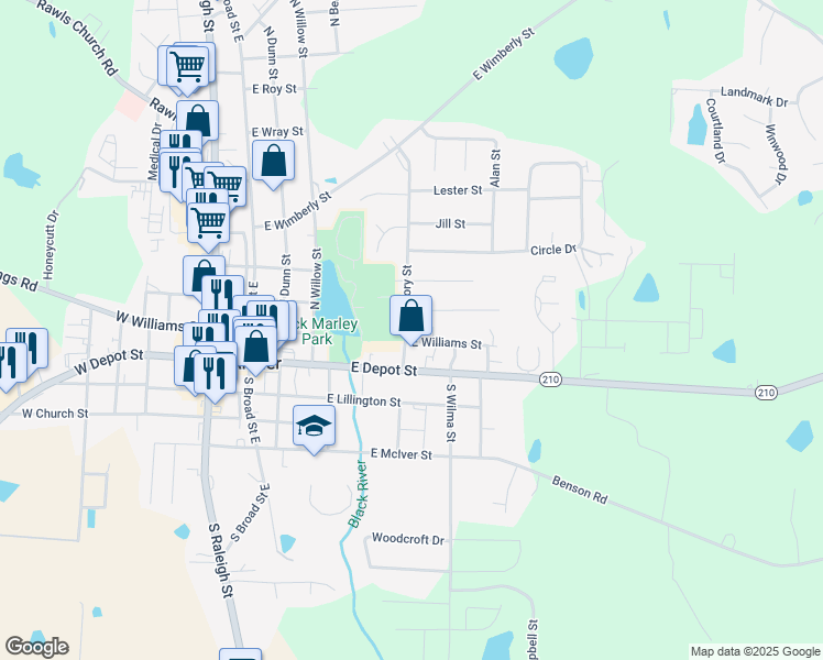 map of restaurants, bars, coffee shops, grocery stores, and more near 353 East Williams Street in Angier