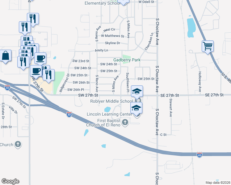 map of restaurants, bars, coffee shops, grocery stores, and more near 2616 Southlawn Drive in El Reno