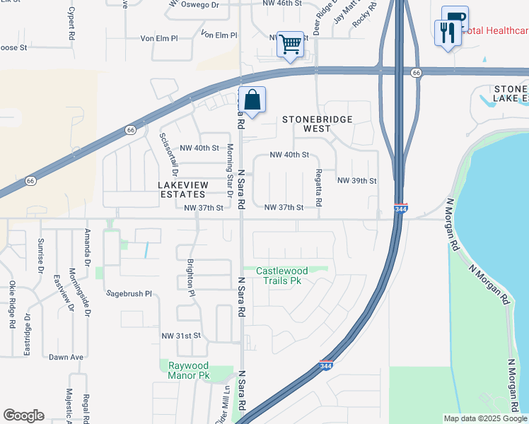 map of restaurants, bars, coffee shops, grocery stores, and more near 10520 Northwest 37th Street in Yukon