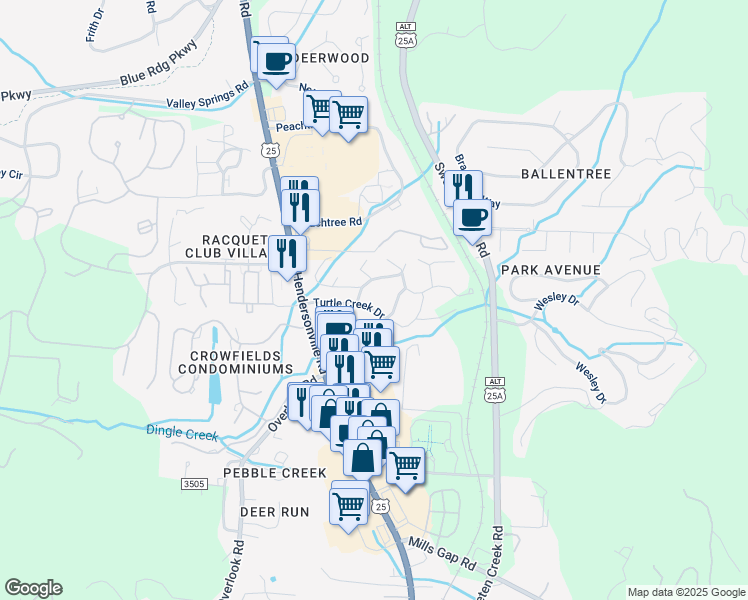 map of restaurants, bars, coffee shops, grocery stores, and more near 16 Foxfire Drive in Asheville