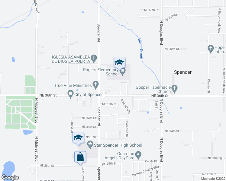 map of restaurants, bars, coffee shops, grocery stores, and more near 3770 Elpizo Circle in Spencer