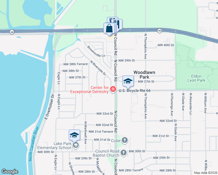 map of restaurants, bars, coffee shops, grocery stores, and more near 3700 North McMillan Avenue in Bethany