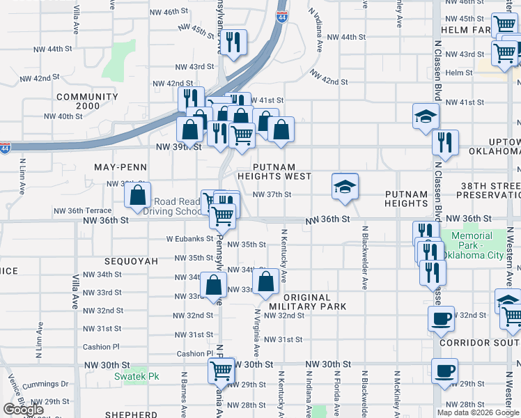 map of restaurants, bars, coffee shops, grocery stores, and more near 1929 Northwest 36th Street in Oklahoma City