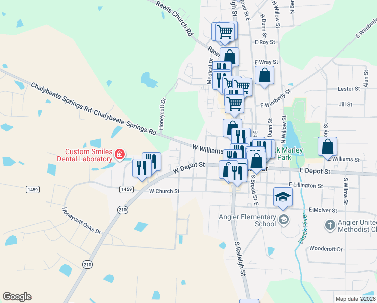 map of restaurants, bars, coffee shops, grocery stores, and more near 54 North Cross Street in Angier