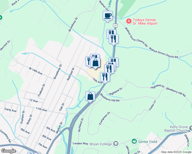 map of restaurants, bars, coffee shops, grocery stores, and more near 200 16th Avenue in Dayton