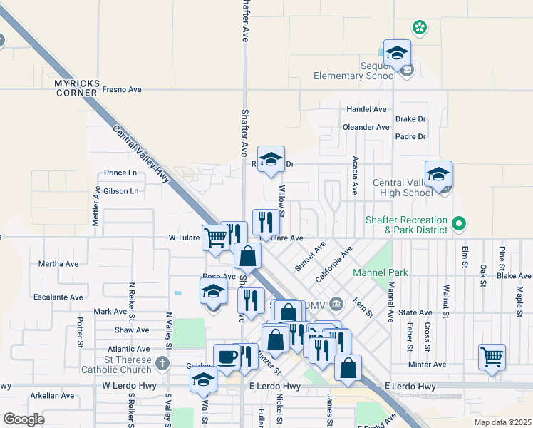 map of restaurants, bars, coffee shops, grocery stores, and more near 153 Lewis Court in Shafter