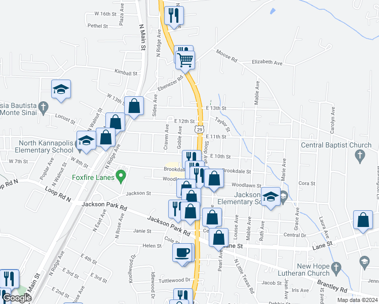 map of restaurants, bars, coffee shops, grocery stores, and more near 609 East 10th Street in Kannapolis