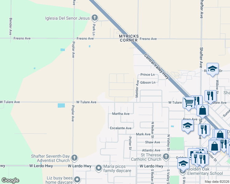 map of restaurants, bars, coffee shops, grocery stores, and more near 707 Sammy Way in Shafter