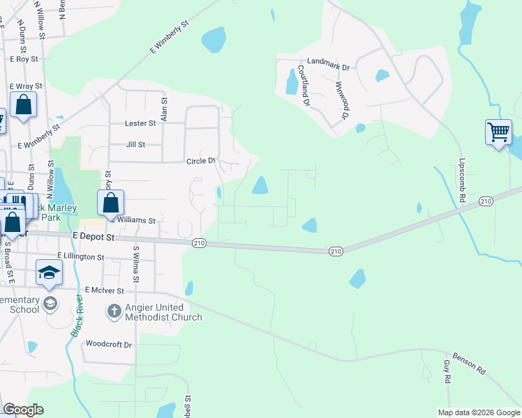 map of restaurants, bars, coffee shops, grocery stores, and more near 93 Begonia Street in Angier
