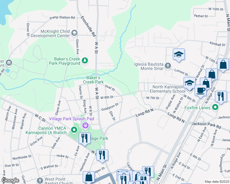 map of restaurants, bars, coffee shops, grocery stores, and more near 807 Oval Street in Kannapolis