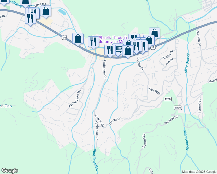 map of restaurants, bars, coffee shops, grocery stores, and more near 20 Balsam Shadows Road in Maggie Valley