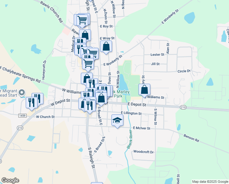 map of restaurants, bars, coffee shops, grocery stores, and more near 89 Willow Cameron Way in Angier