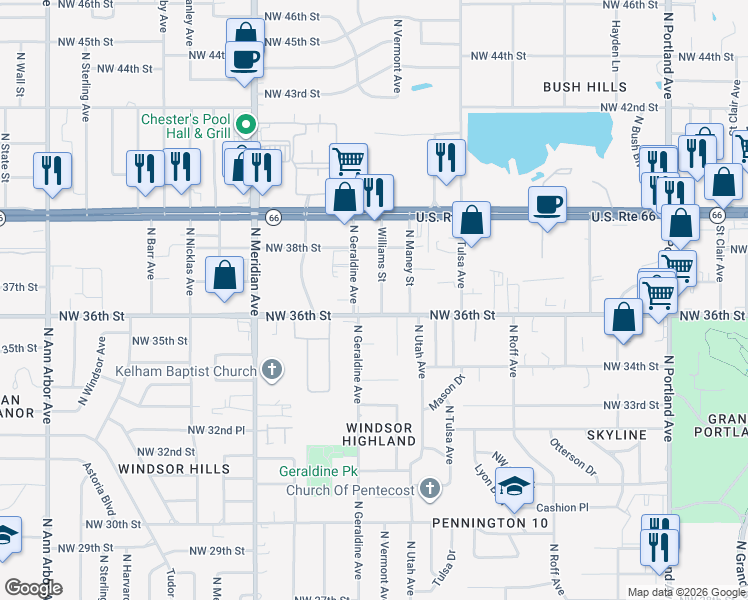 map of restaurants, bars, coffee shops, grocery stores, and more near 4225 Northwest 36th Street in Oklahoma City