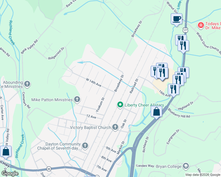 map of restaurants, bars, coffee shops, grocery stores, and more near 216 West 14th Avenue in Dayton