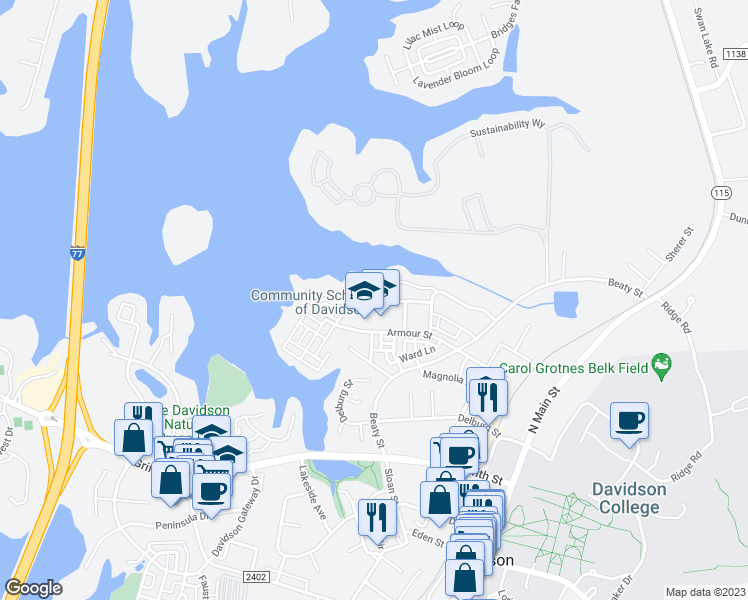 map of restaurants, bars, coffee shops, grocery stores, and more near Amalfi Drive in Davidson