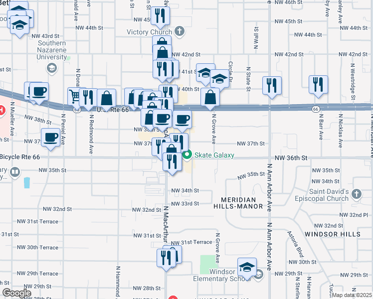 map of restaurants, bars, coffee shops, grocery stores, and more near 3707 North Street Charles Street in Warr Acres
