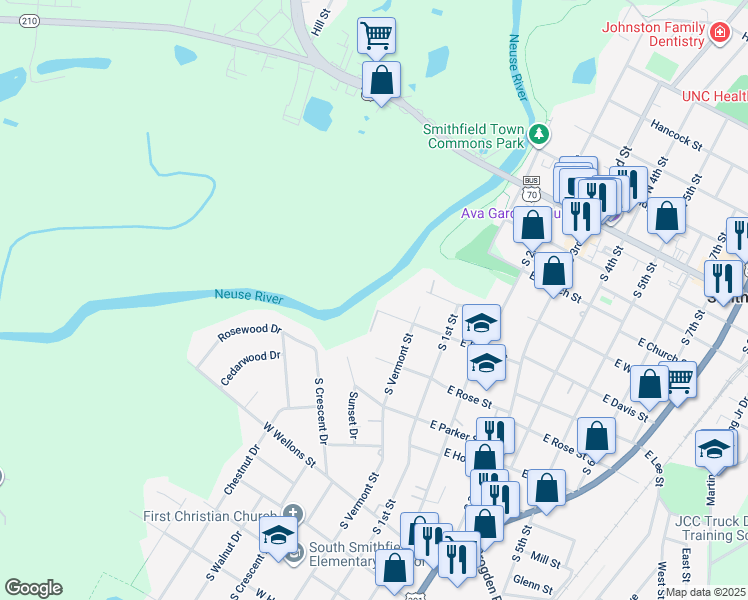 map of restaurants, bars, coffee shops, grocery stores, and more near 216 West Davis Street in Smithfield