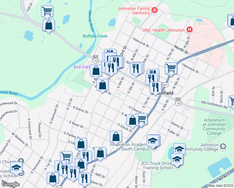 map of restaurants, bars, coffee shops, grocery stores, and more near in Smithfield