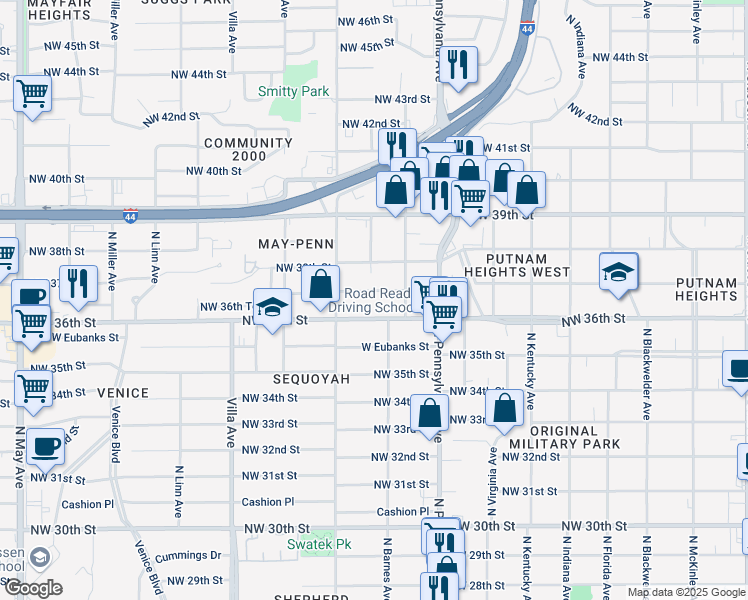 map of restaurants, bars, coffee shops, grocery stores, and more near 2243 Northwest 36th Street in Oklahoma City