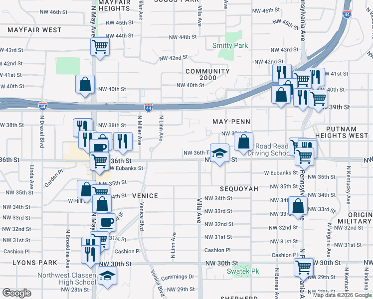 map of restaurants, bars, coffee shops, grocery stores, and more near 2456 Northwest 36th Terrace in Oklahoma City