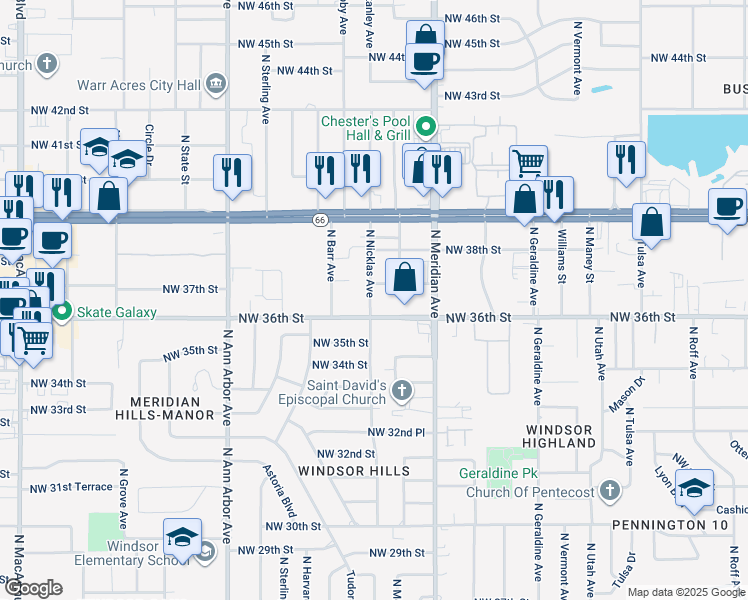 map of restaurants, bars, coffee shops, grocery stores, and more near 4557 Northwest 36th Street in Oklahoma City