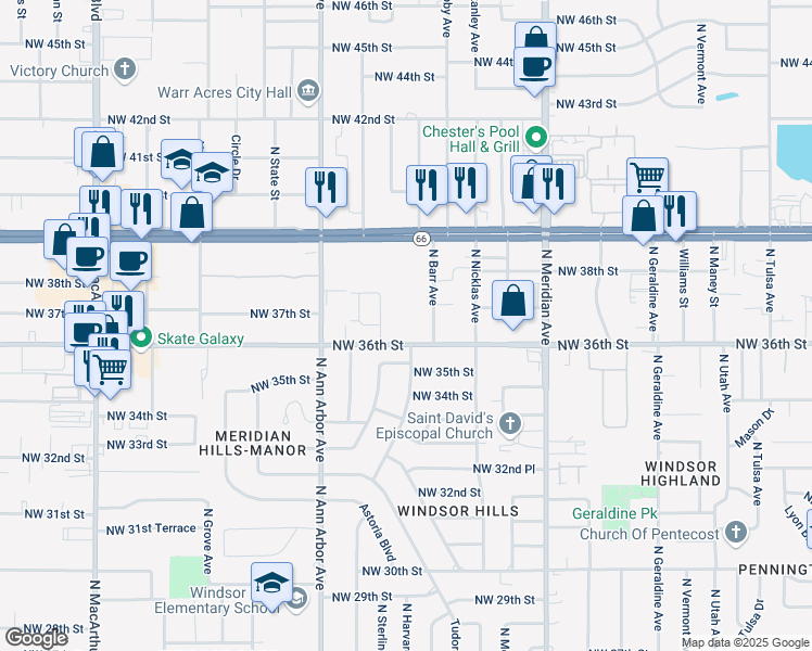 map of restaurants, bars, coffee shops, grocery stores, and more near 4745 Northwest 36th Street in Oklahoma City