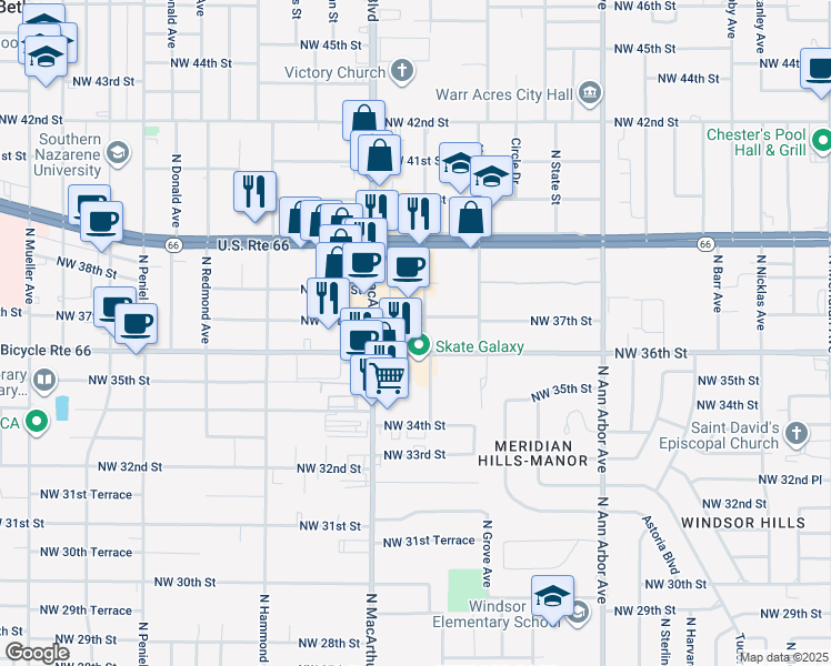 map of restaurants, bars, coffee shops, grocery stores, and more near 5801 Northwest 36th Street in Warr Acres