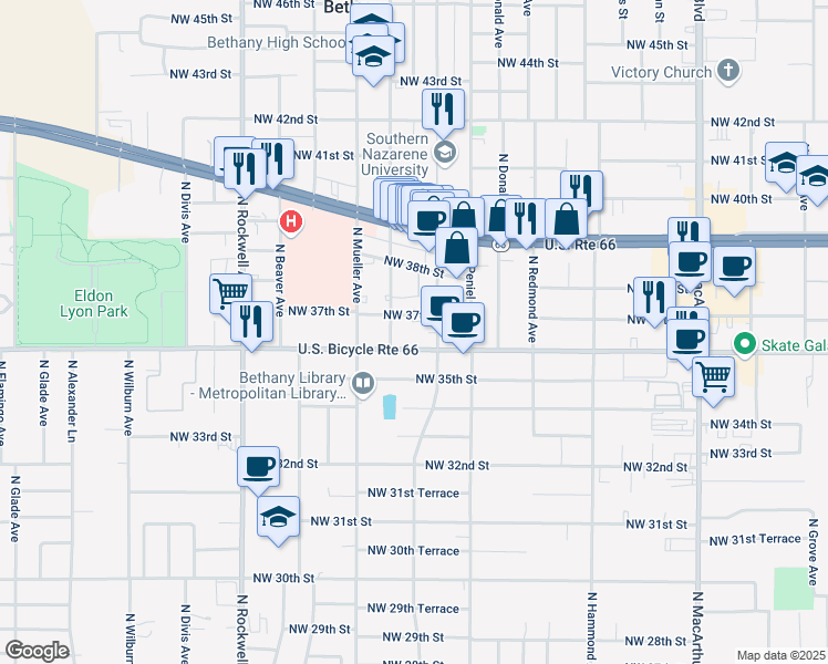 map of restaurants, bars, coffee shops, grocery stores, and more near 6717 Northwest 36th Street in Bethany