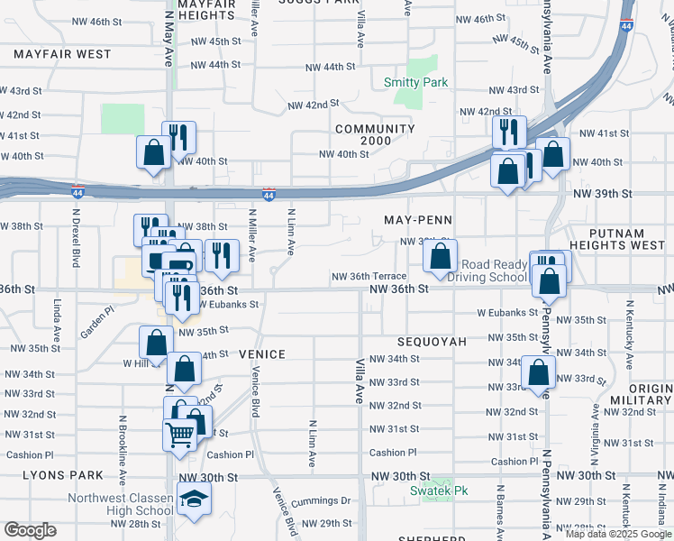 map of restaurants, bars, coffee shops, grocery stores, and more near 2456 Northwest 36th Terrace in Oklahoma City