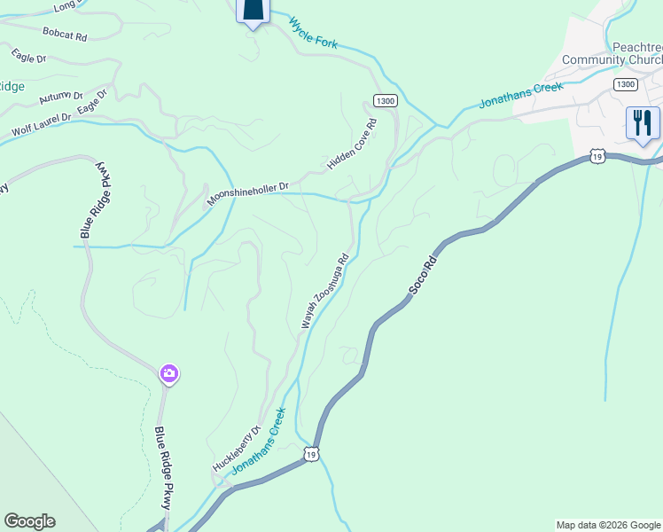 map of restaurants, bars, coffee shops, grocery stores, and more near 464 Wayah Zooshuga Road in Maggie Valley