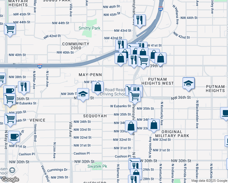 map of restaurants, bars, coffee shops, grocery stores, and more near 2243 Northwest 36th Street in Oklahoma City
