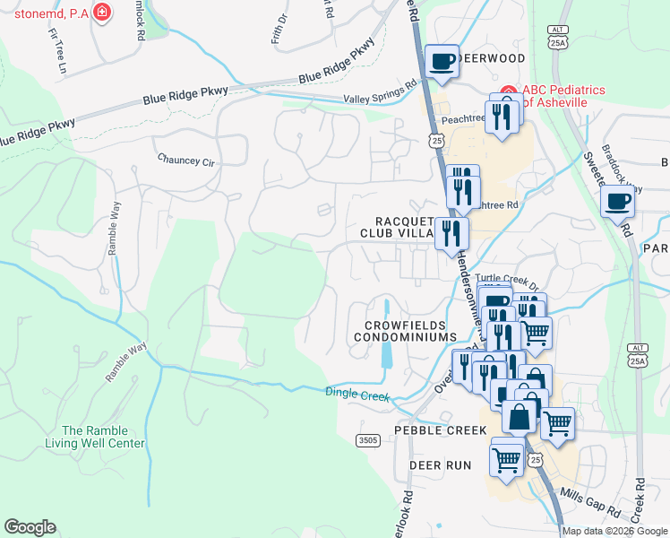 map of restaurants, bars, coffee shops, grocery stores, and more near 222 Racquet Club Road in Asheville