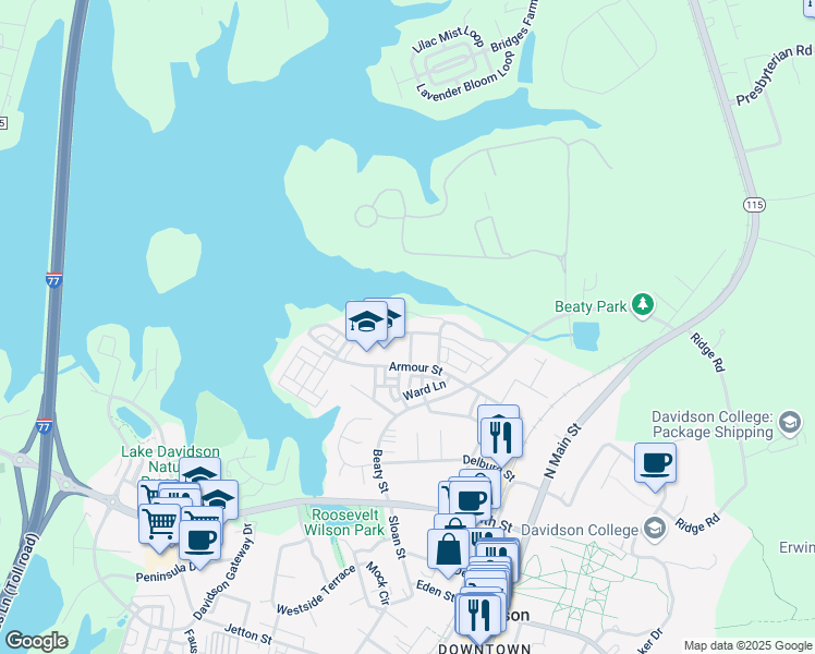 map of restaurants, bars, coffee shops, grocery stores, and more near 332 Armour Street in Davidson