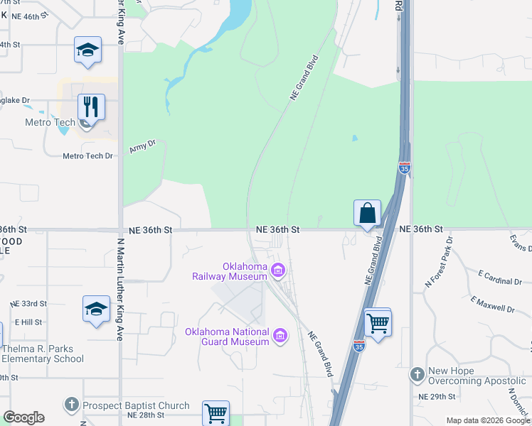 map of restaurants, bars, coffee shops, grocery stores, and more near 2500 Northeast 36th Street in Oklahoma City